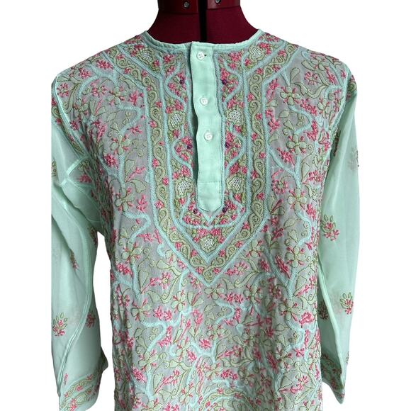 Jest Jewels Vintage Size Medium‎ Chartreuse Floral Embroidered Shear Tunic Top - Picture 3 of 6